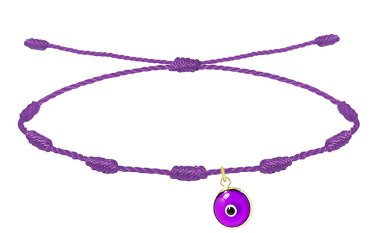 Pulsera de hilo violeta de siete nudos con colgante de ojo turco morado y cierre ajustable.