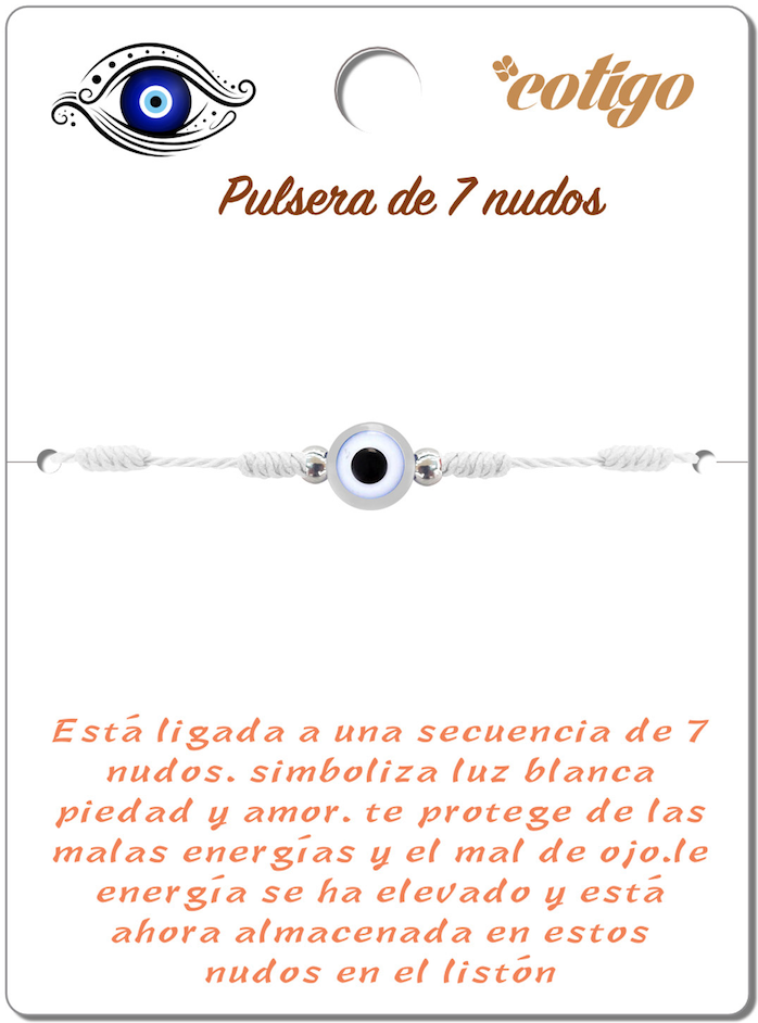 Pulsera de 7 Nudos Blanca con Ojo Turco cotigo