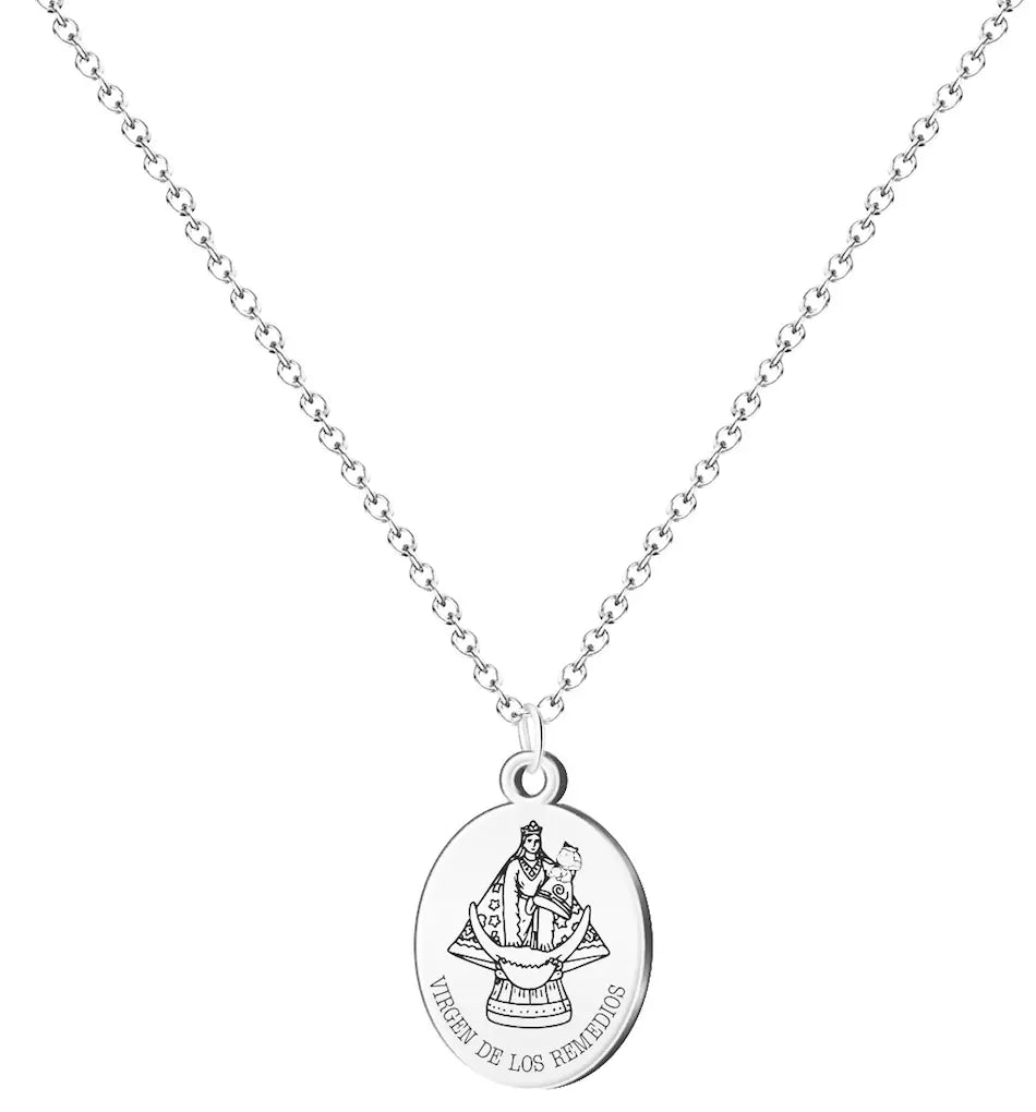 Collar con medalla de la Virgen de los Remedios en acero inoxidable plateado colgante religioso grabado