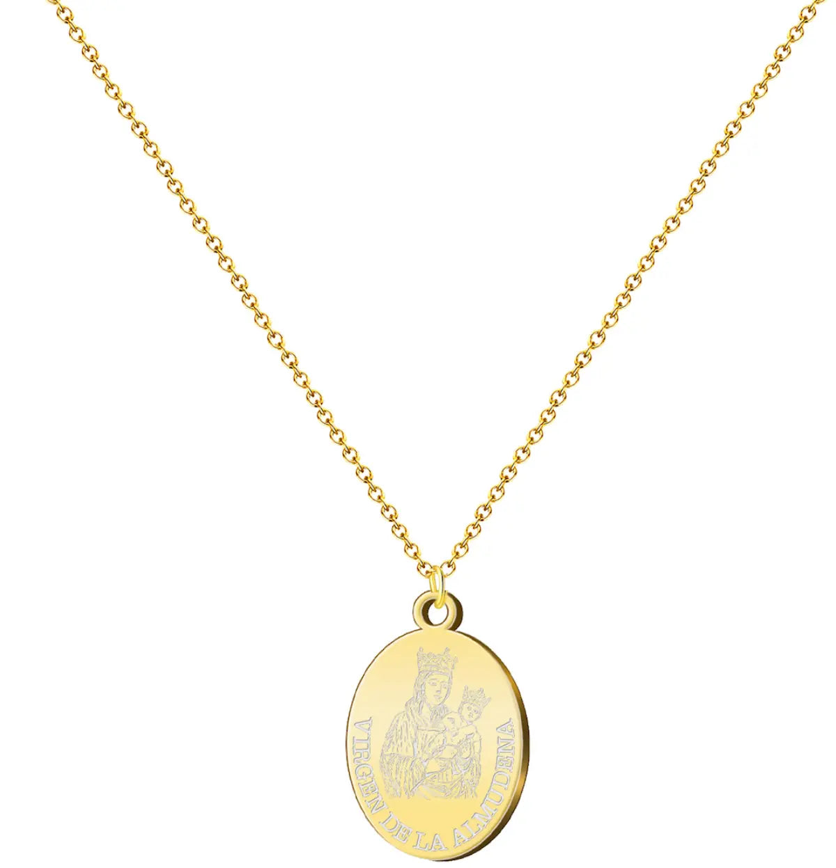 Collar con medalla ovalada virgen de la almudena dorada acero inoxidable grabado religioso patrona de madrid