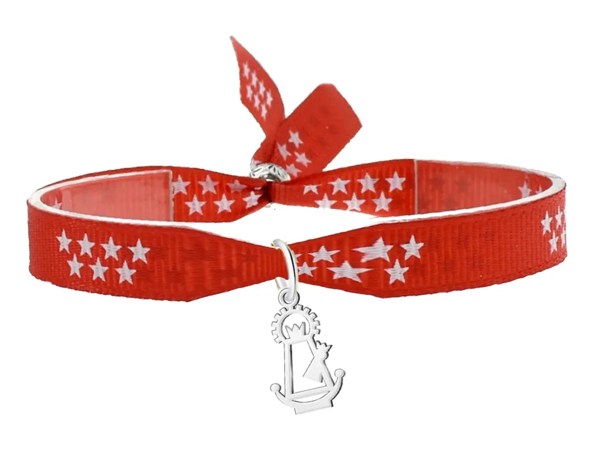 Pulsera de tela roja bandera comunidad de madrid con estrellas y colgante virgen de la almudena acero plateado