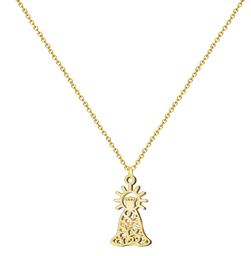 Colgante silueta Virgen de la Esperanza Macarena con diseño de filigrana en acero dorado