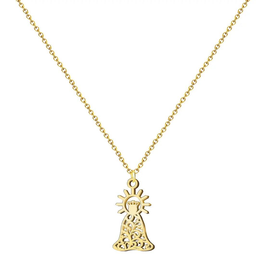 Colgante silueta Virgen de la Esperanza Macarena con diseño de filigrana en acero dorado