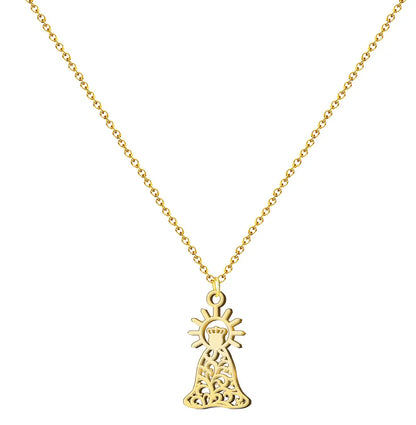 Colgante silueta Virgen de la Esperanza Macarena con diseño de filigrana en acero dorado