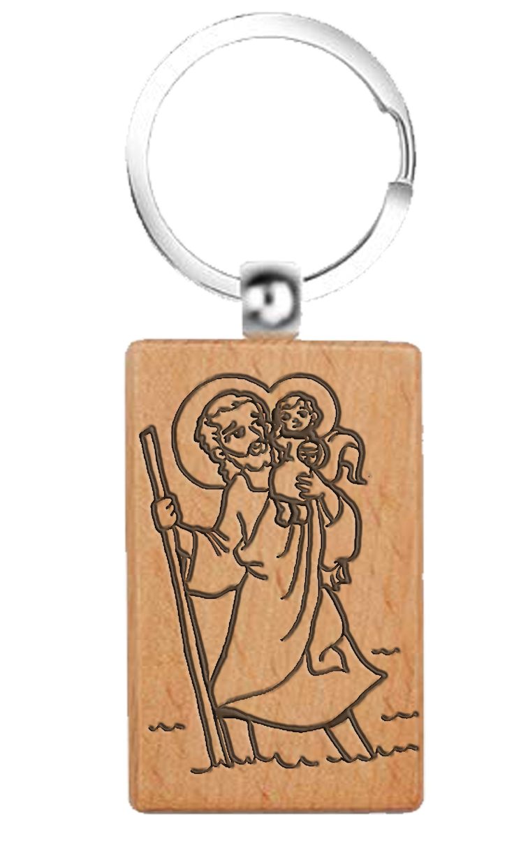 Llavero rectangular de madera natural con grabado láser de San Cristóbal cruzando el río con el Niño Jesús, diseño ultraligero y silencioso para llaves de coche.