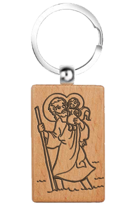 Llavero rectangular de madera natural con grabado láser de San Cristóbal cruzando el río con el Niño Jesús, diseño ultraligero y silencioso para llaves de coche.