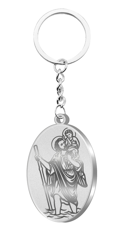 Llavero ovalado de San Cristóbal en acero inoxidable plateado, con grabado del Santo patrón de los conductores, ideal para llaves de coche o moto.