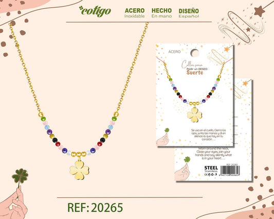 20265-Collar con Trebol Acero para Deseo: SUERTE