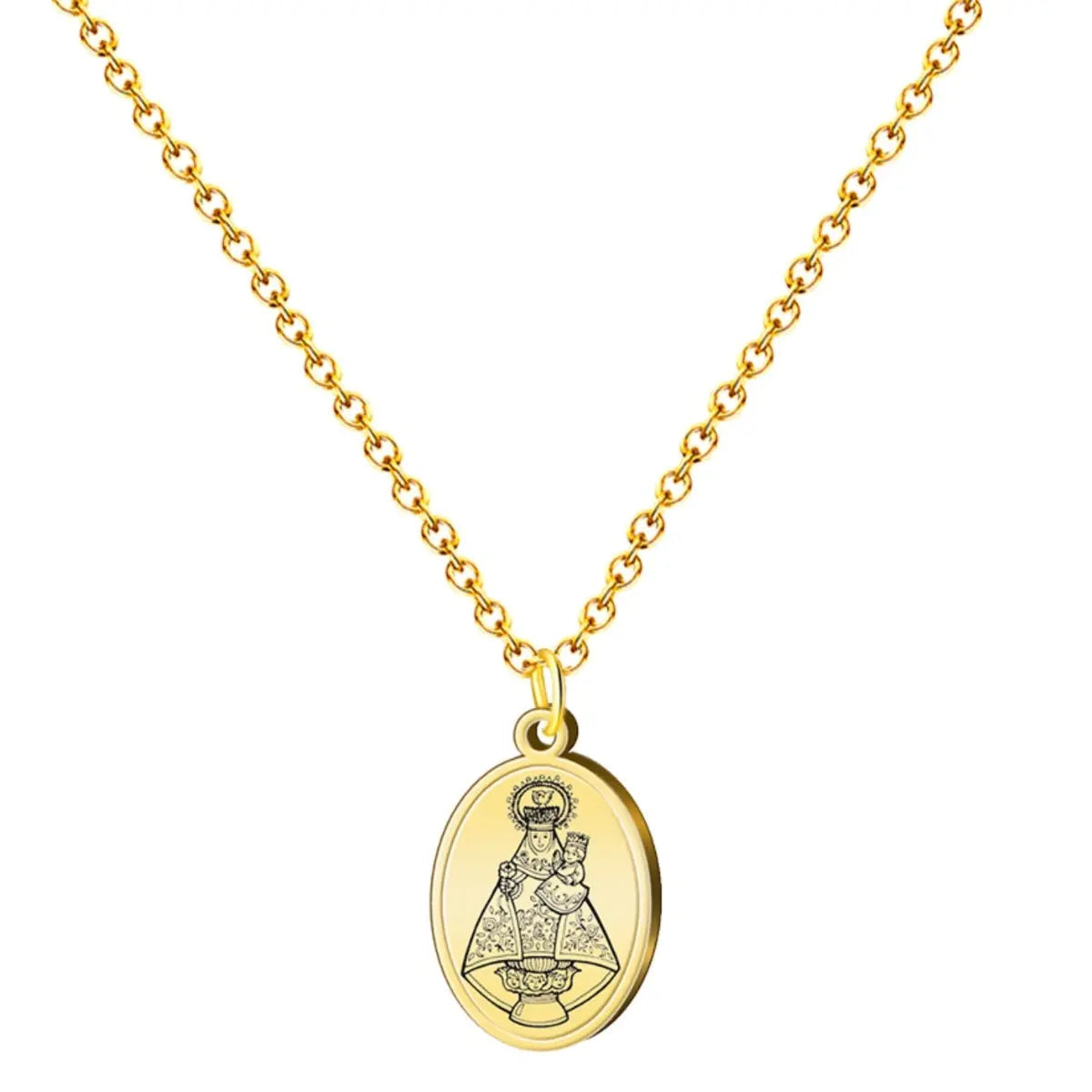 Collar con medalla ovalada grabada de la Virgen de Covadonga en acero inoxidable dorado cadena de eslabones