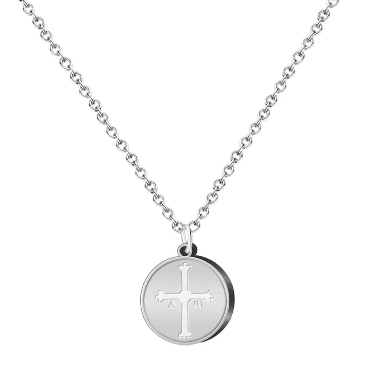 Colgante de acero plateado con medalla redonda y la silueta de la Cruz de la Victoria.