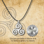 Colgante Trisquel de Estilo Celta Espiritual | Acero Plateado con Cadena de Hilo Encerado detalle