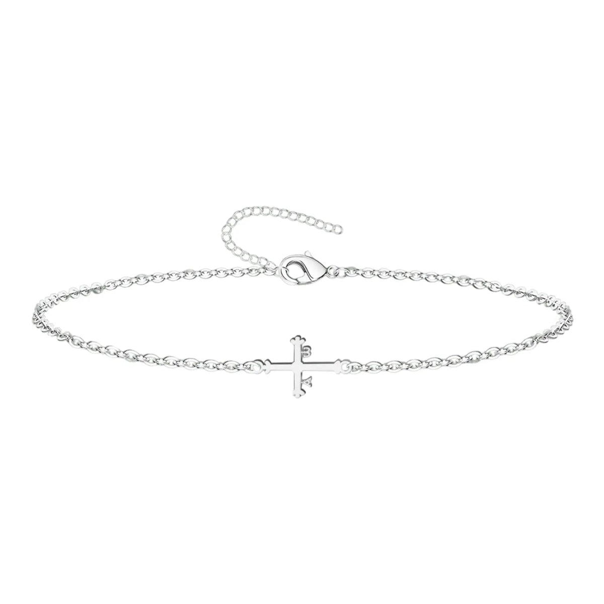 Pulsera de la Cruz de la Victoria en acero plateado con cadena de eslabones y cierre de mosquetón.