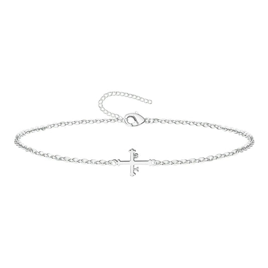 Pulsera de la Cruz de la Victoria en acero plateado con cadena de eslabones y cierre de mosquetón.