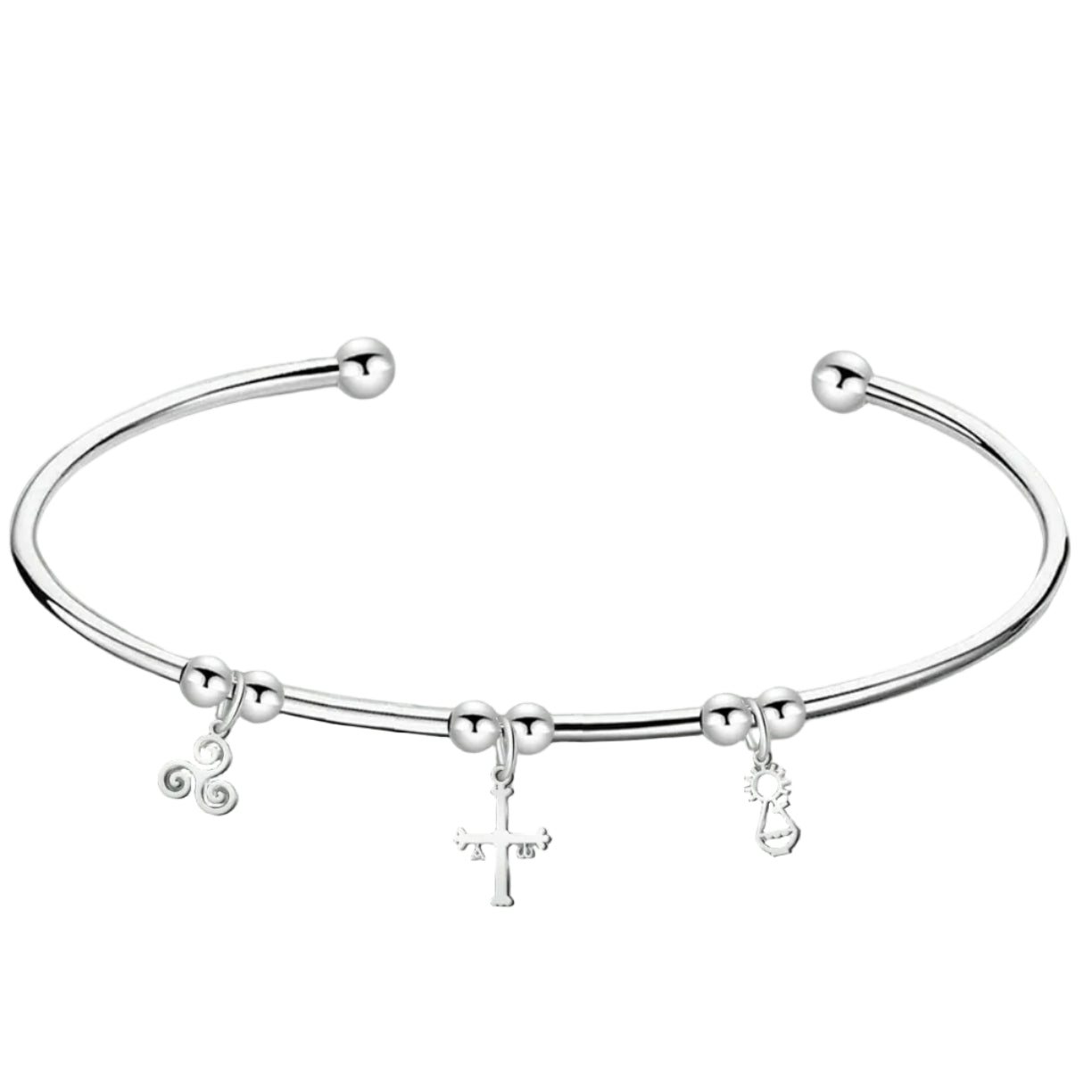 Brazalete plateado con cruz asturiana y charms simbólicos de Asturias