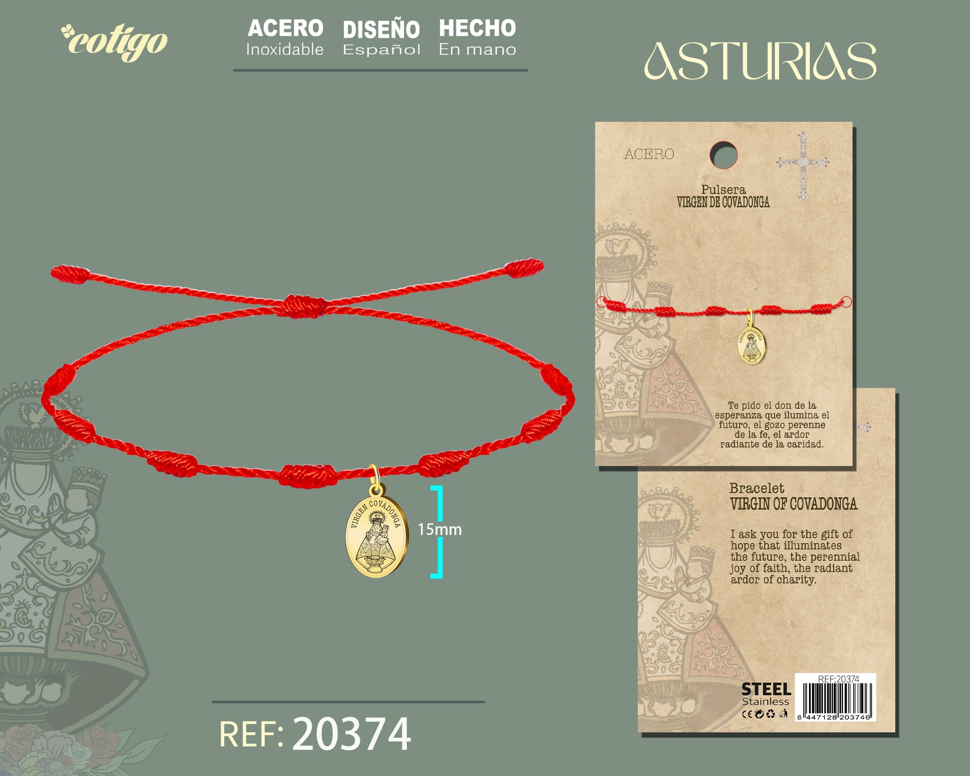 Pulsera de 7 Nudos con Medalla Virgen de Covadonga en Acero Inoxidable – vista principal