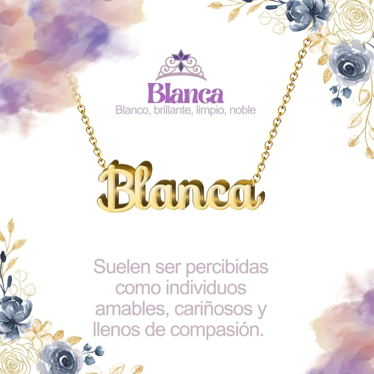 Collar con nombre Blanca diseño luminoso bañado en oro 14k significado de pureza y brillo regalo mujer elegante.