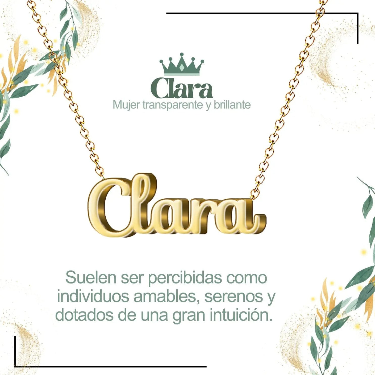 Collar con nombre Clara diseño luminoso bañado en oro 14k significado de brillo e inteligencia regalo mujer radiante.