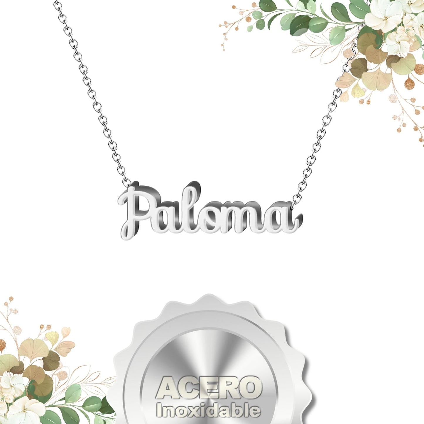 Collar Nombre  Paloma Acero color Plateado