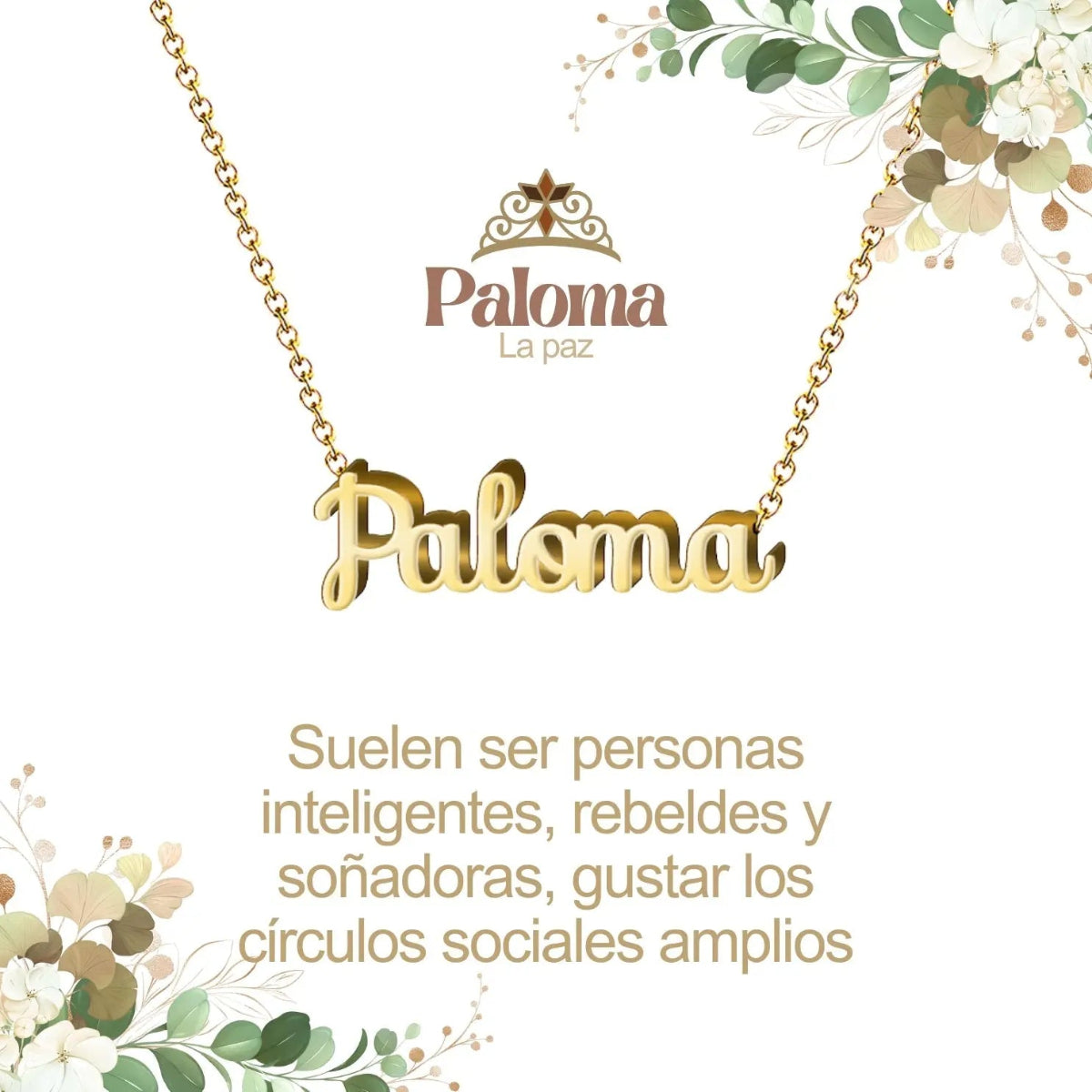 Collar con nombre Paloma diseño delicado bañado en oro 14k significado de paz y libertad regalo mujer.