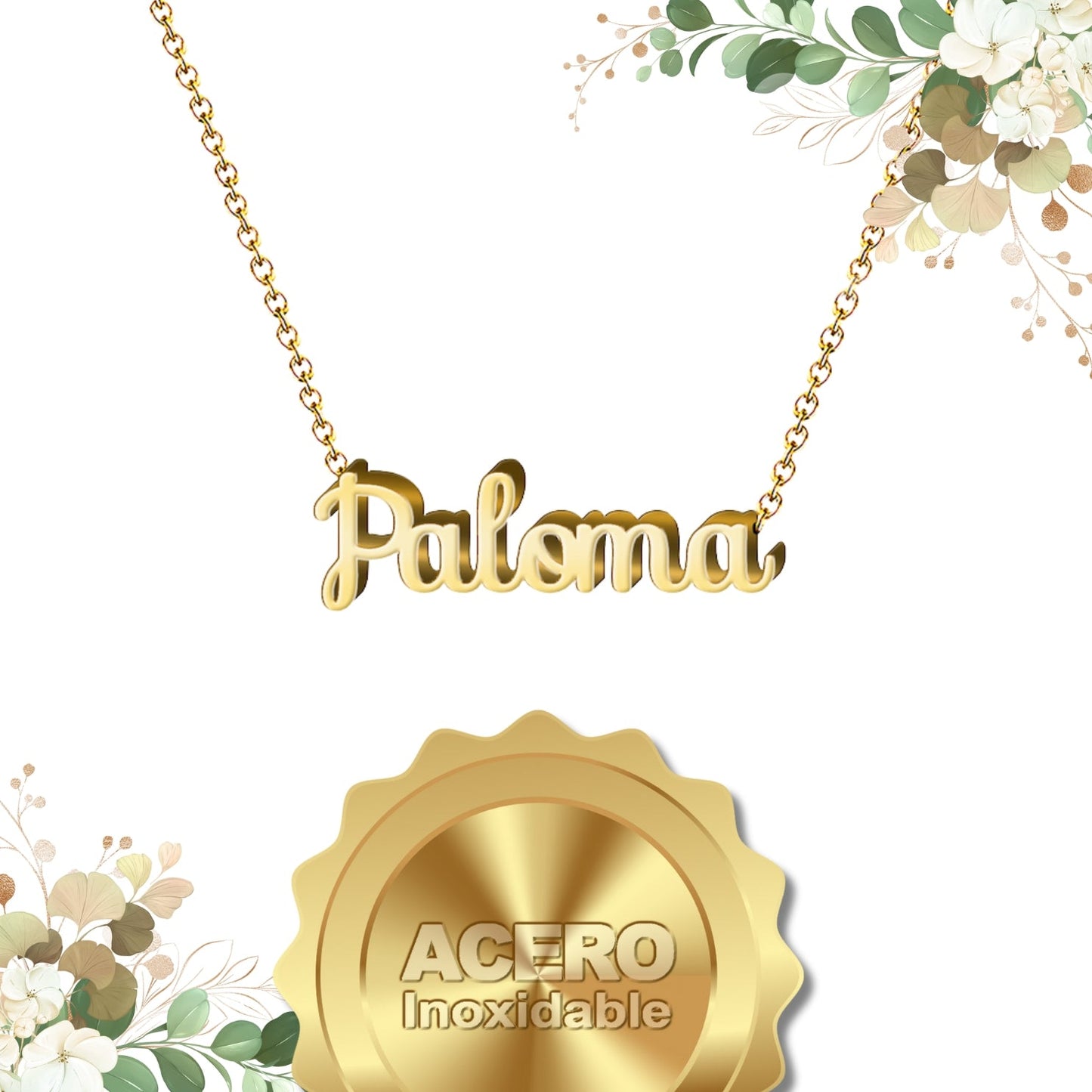 Collar Nombre  Paloma Acero color Dorado