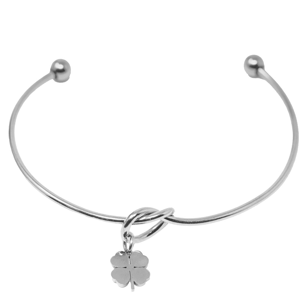Brazalete Nudo con Trébol en Acero Inoxidable en acabado plateado – vista principal del diseño nudo con trébol