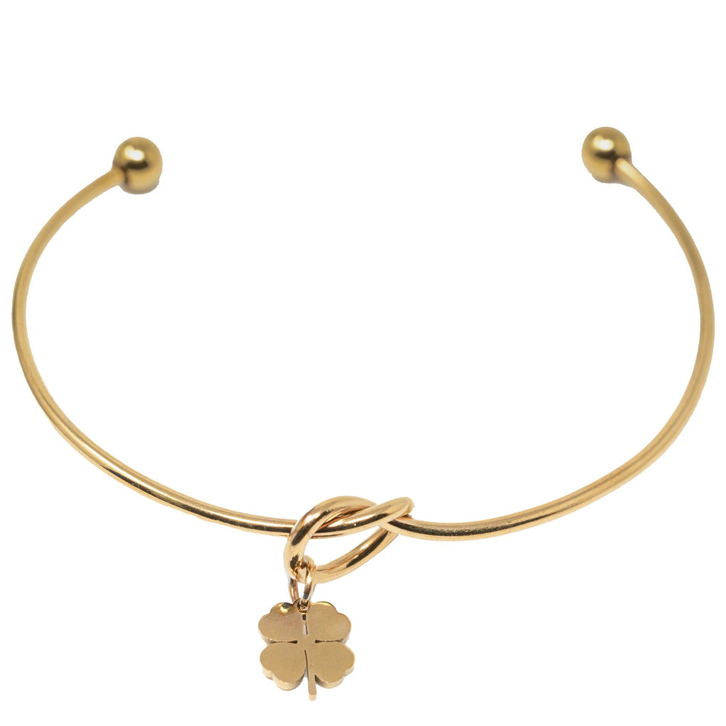 Brazalete Nudo con Trébol en Acero Inoxidable en acabado dorado – vista principal del diseño nudo con trébol