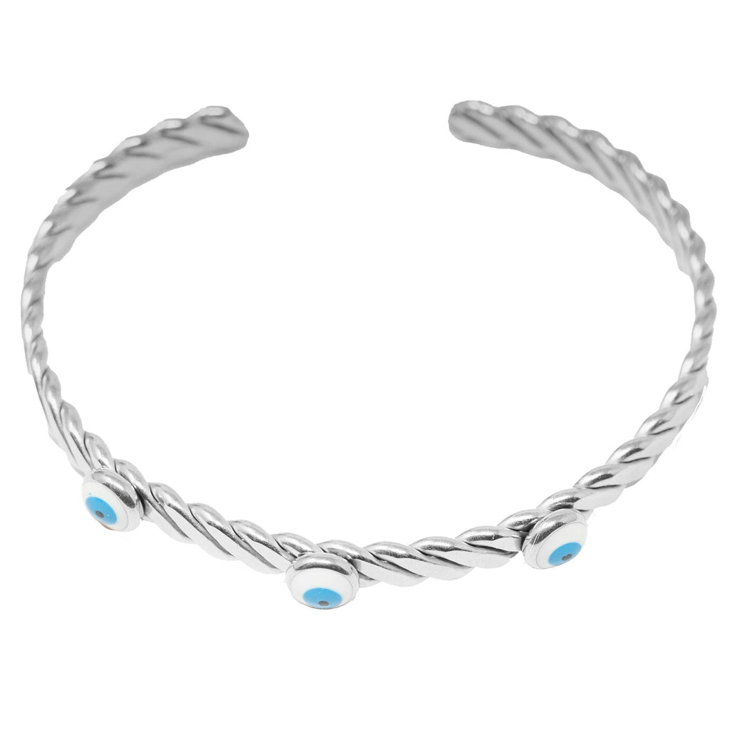 Brazalete Trenzado con Tres Ojos Turcos en Acero Inoxidable en acabado plateado – vista principal