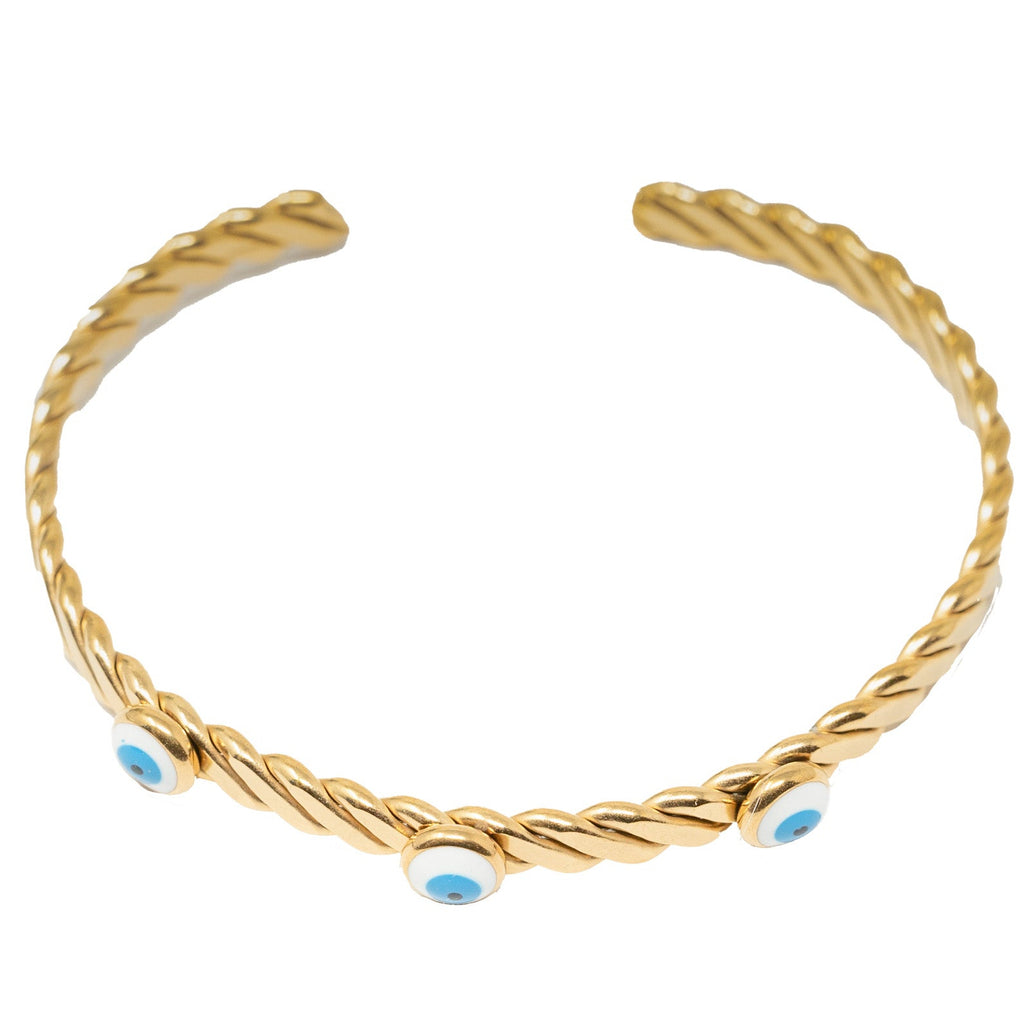 Brazalete Trenzado con Tres Ojos Turcos en Acero Inoxidable en acabado dorado – vista principal