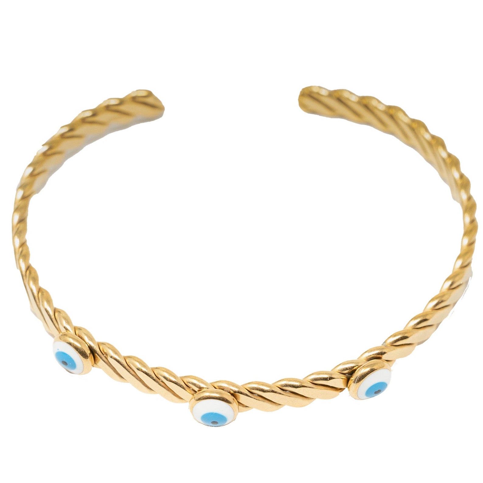 Brazalete Trenzado con Tres Ojos Turcos en Acero Inoxidable en acabado dorado – vista principal