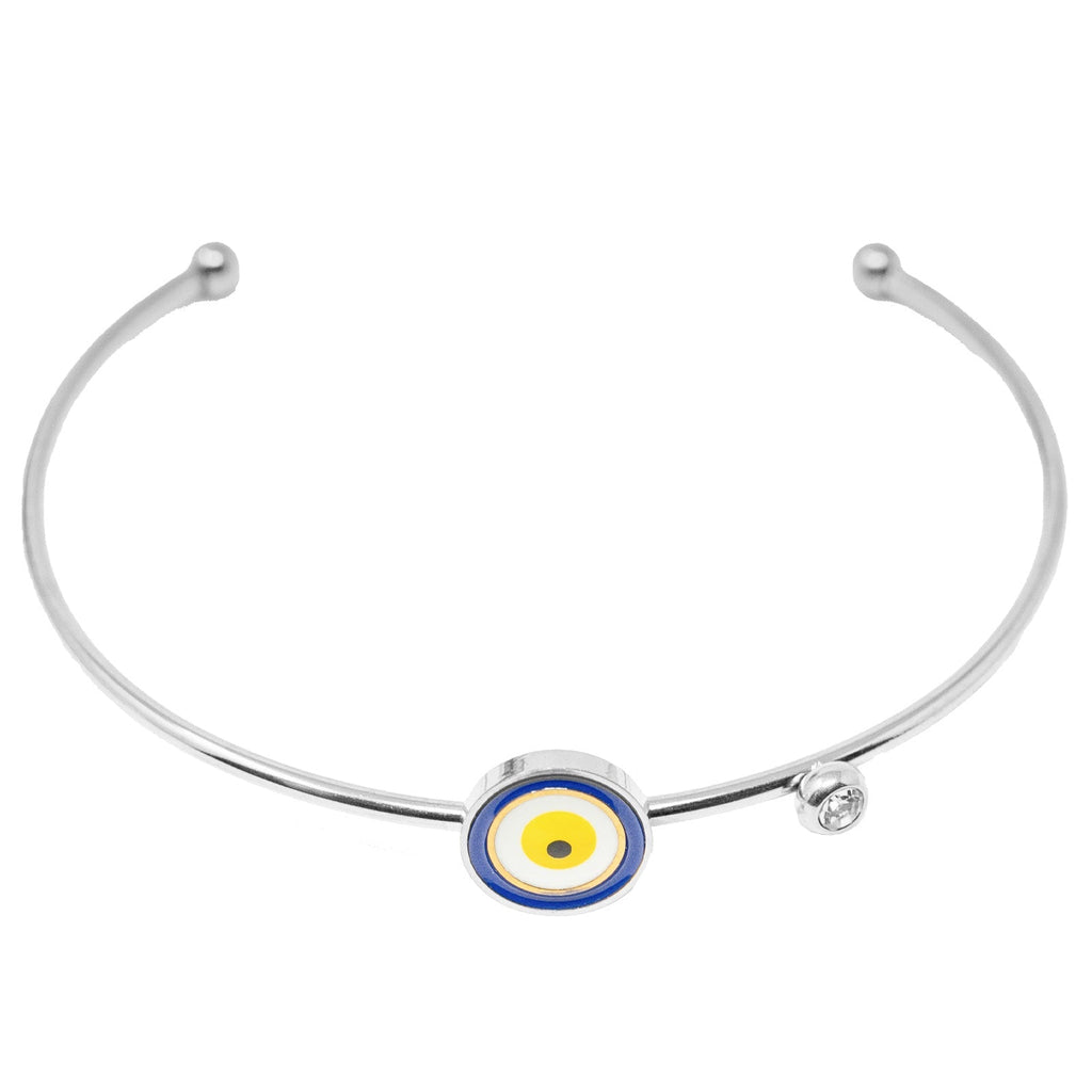 Brazalete Ojo Turco Central en Acero Inoxidable en acabado plateado – vista principal del diseño ojo turco central
