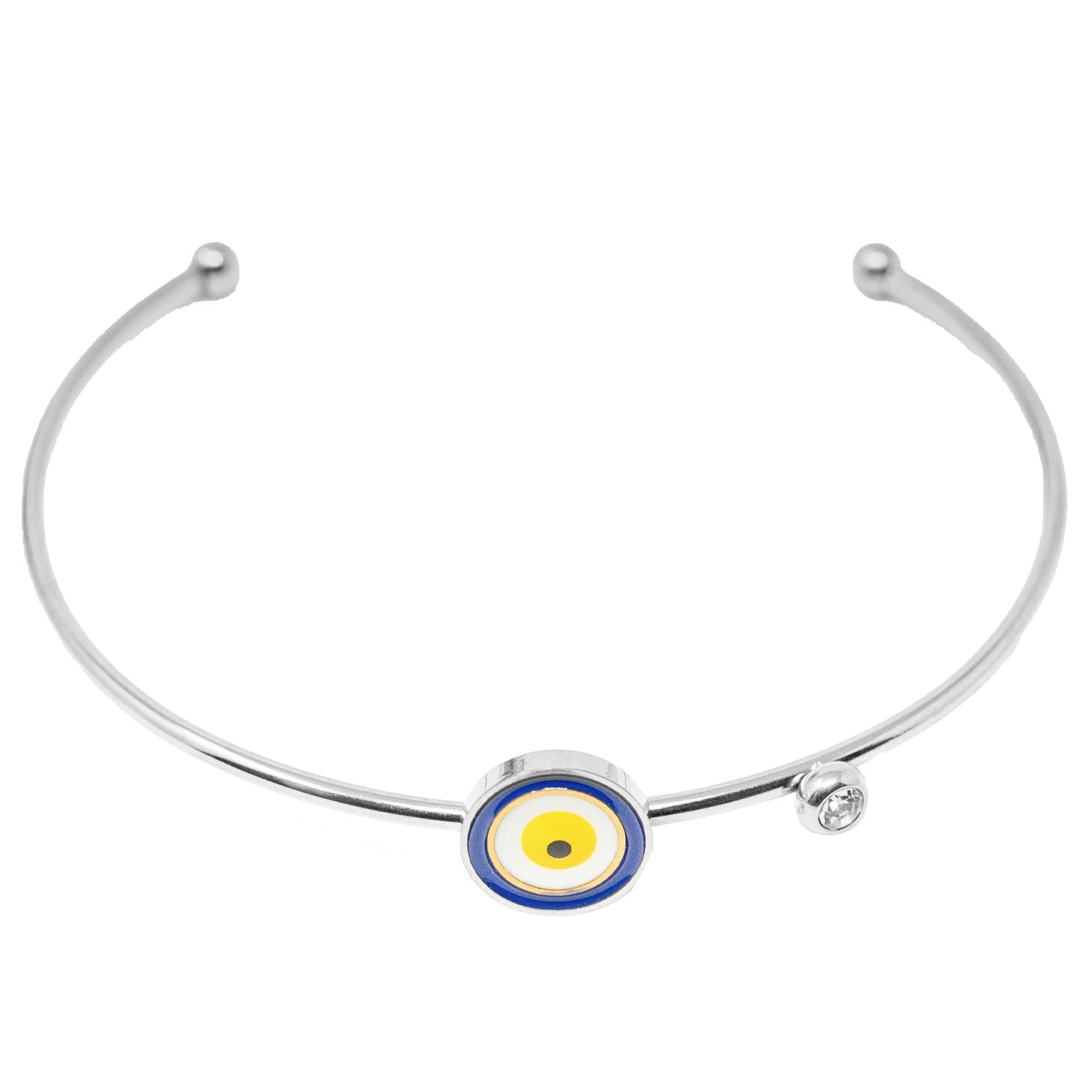 Brazalete Ojo Turco Central en Acero Inoxidable en acabado plateado – vista principal del diseño ojo turco central