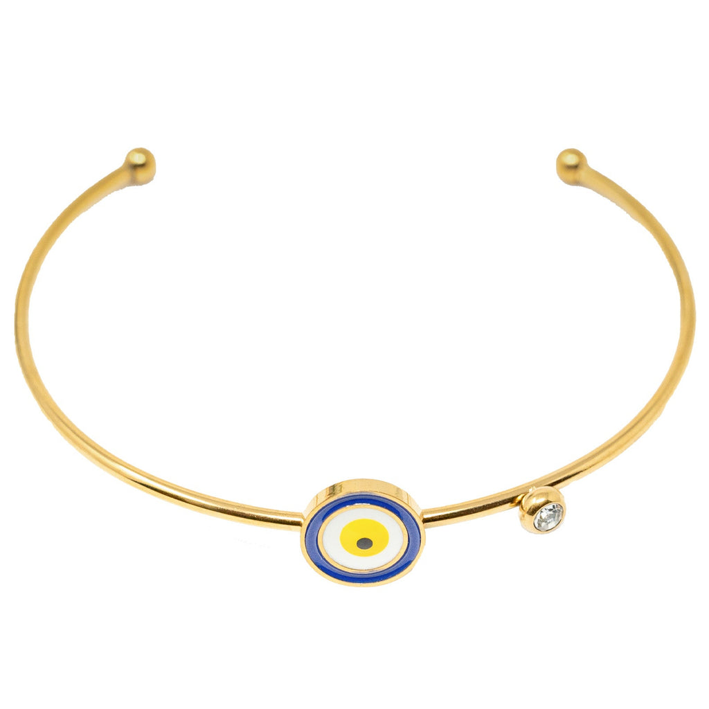 Brazalete Ojo Turco Central en Acero Inoxidable en acabado dorado – vista principal del diseño ojo turco central