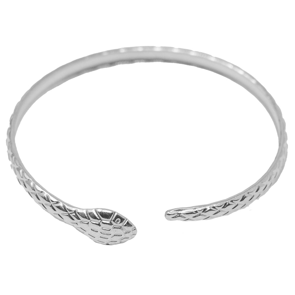 Brazalete Serpiente con Relieve en Acero Inoxidable en acabado plateado – vista principal del diseño serpiente con relieve