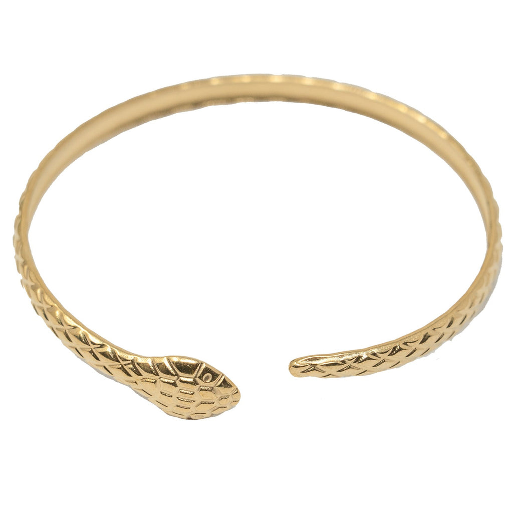 Brazalete Serpiente con Relieve en Acero Inoxidable en acabado dorado – vista principal del diseño serpiente con relieve