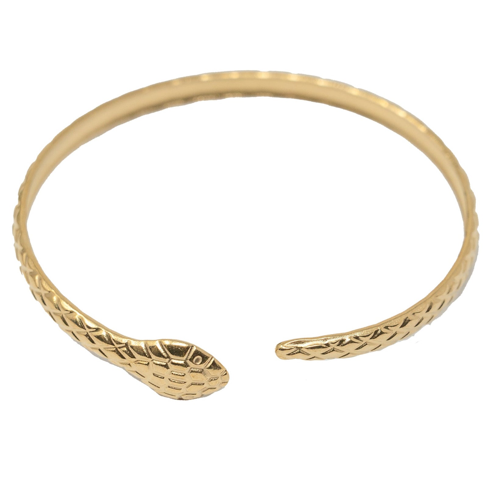 Brazalete Serpiente con Relieve en Acero Inoxidable en acabado dorado – vista principal del diseño serpiente con relieve