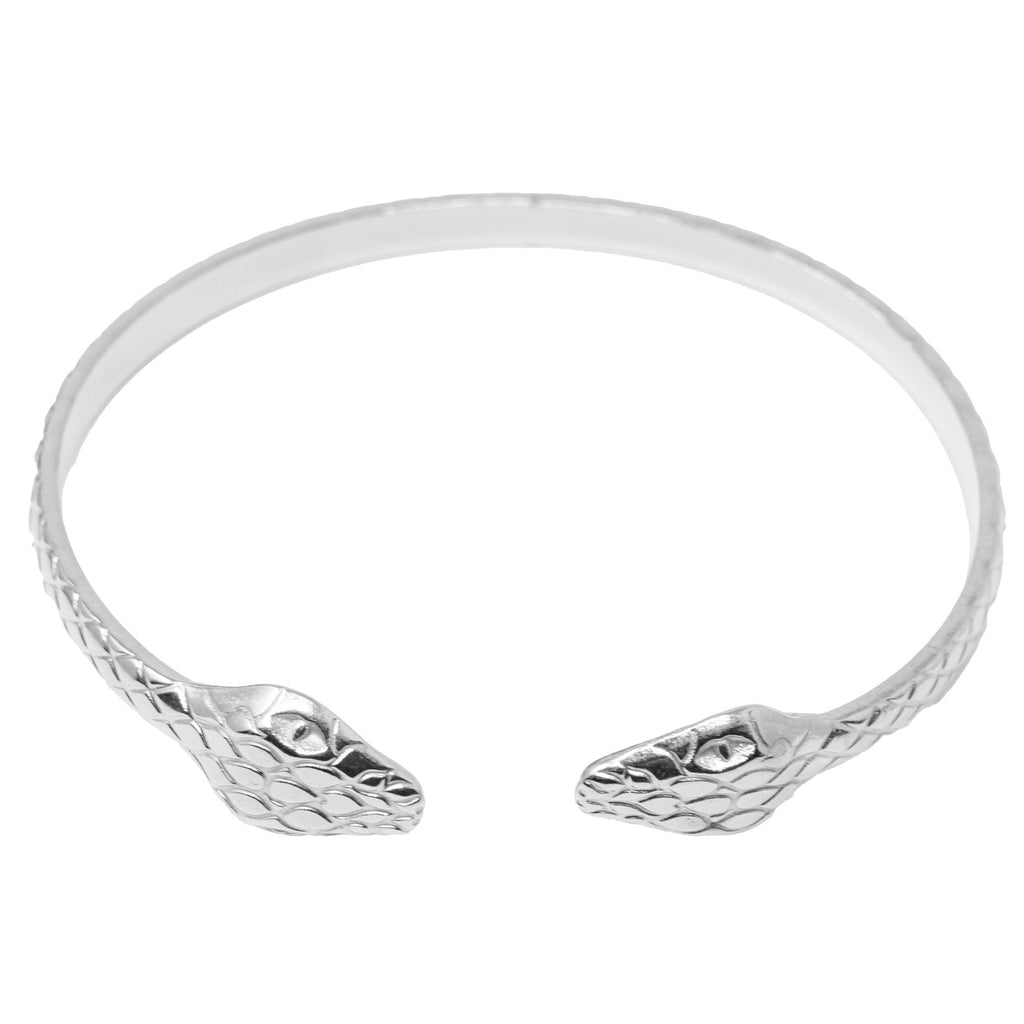 Brazalete Doble Serpiente en Acero Inoxidable en acabado plateado – vista principal del diseño doble serpiente
