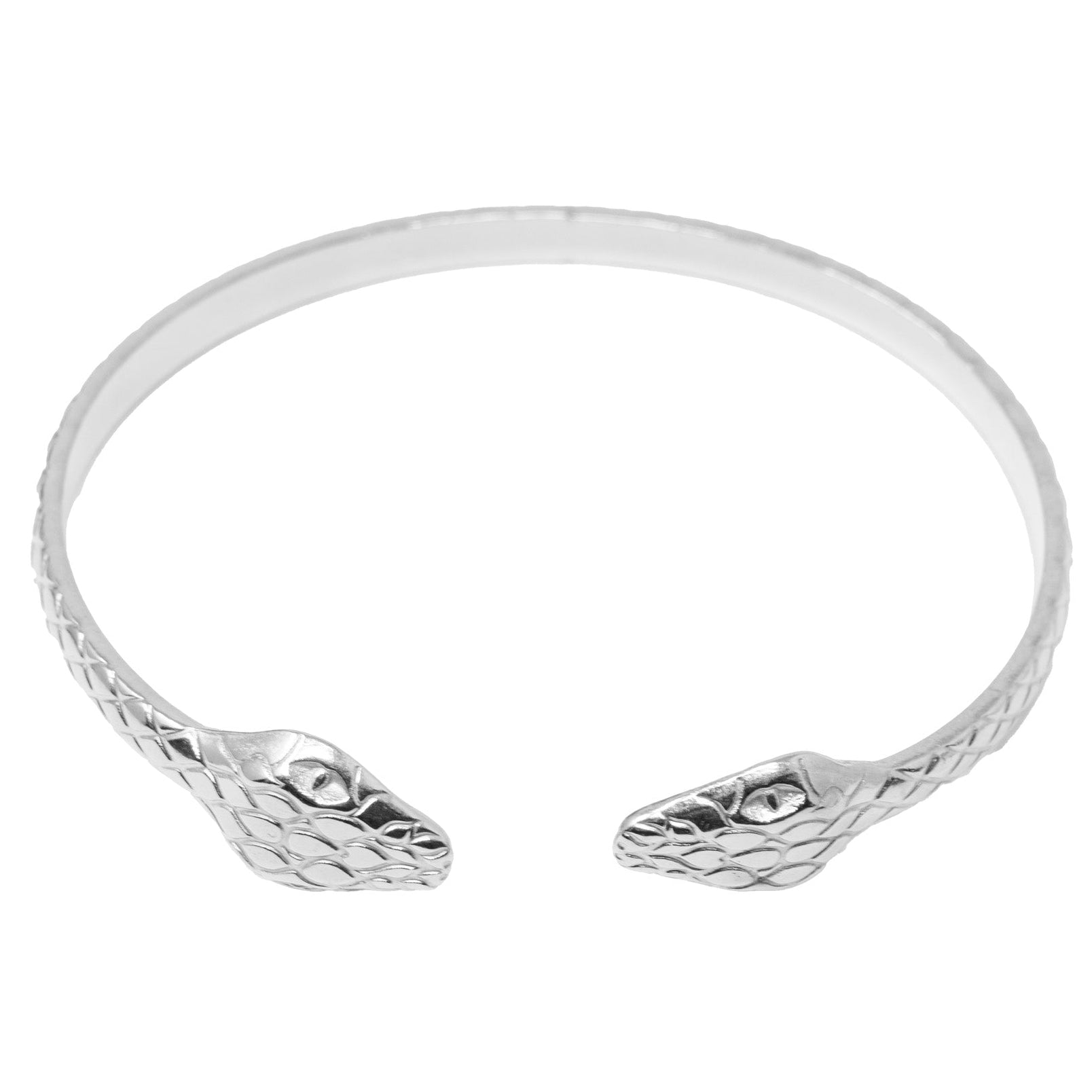 Brazalete Doble Serpiente en Acero Inoxidable en acabado plateado – vista principal del diseño doble serpiente