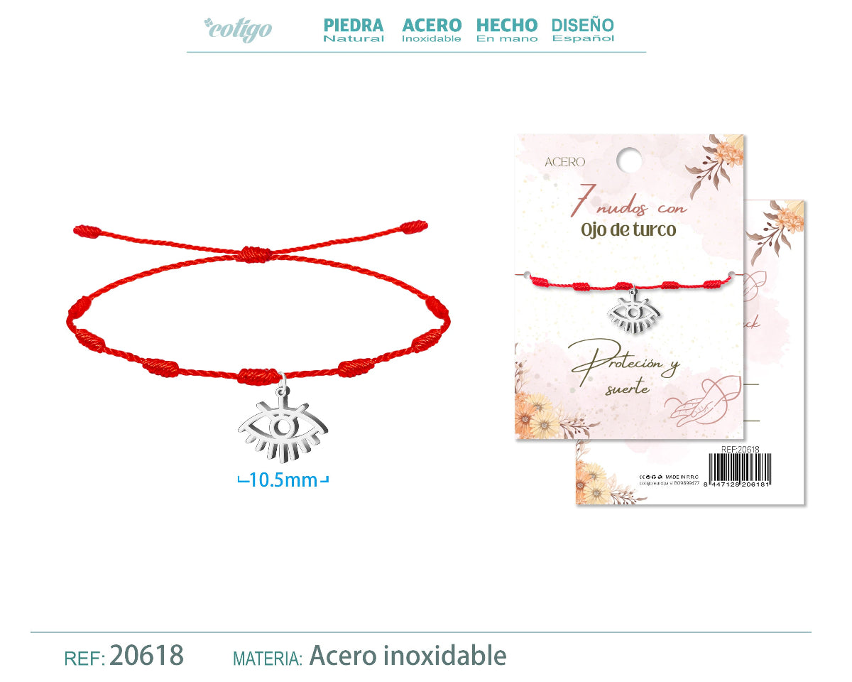 Pulsera roja de 7 nudos con colgante de ojo turco radiante calado en acero inoxidable plateado.