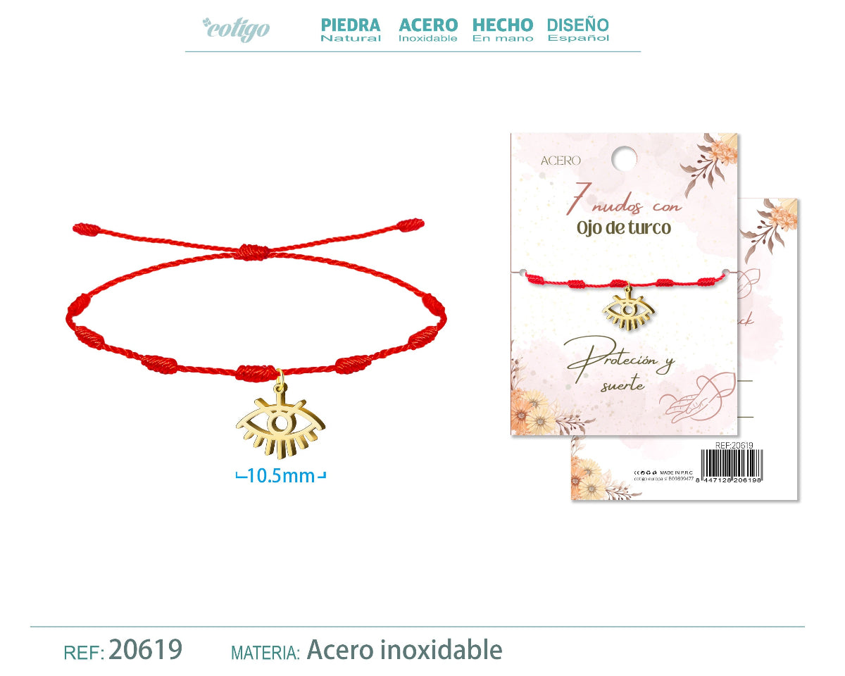 Pulsera roja de 7 nudos con colgante de ojo turco calado estilo pestañas en acero inoxidable dorado.