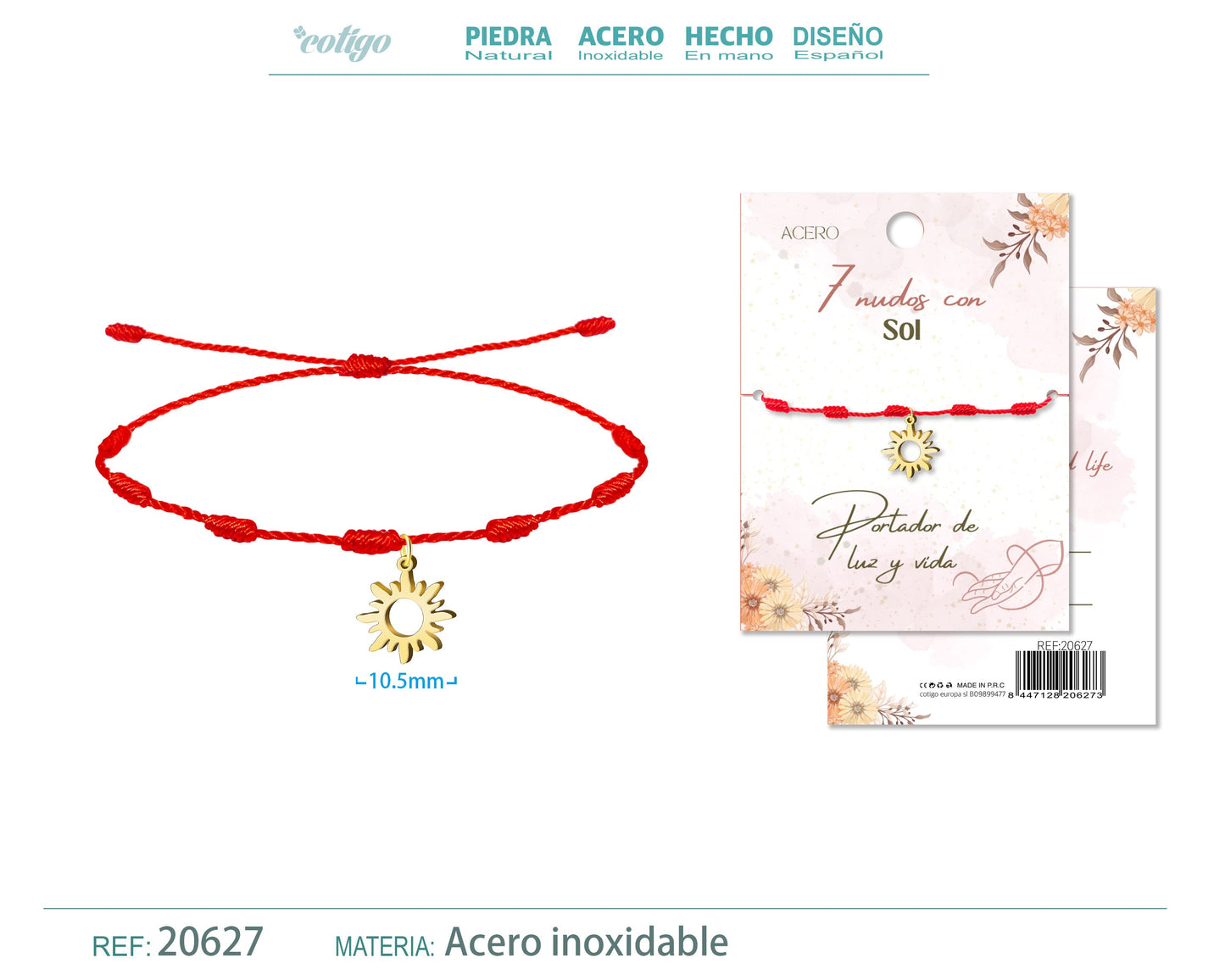 Pulsera 7 nudos con Sol color Dorado