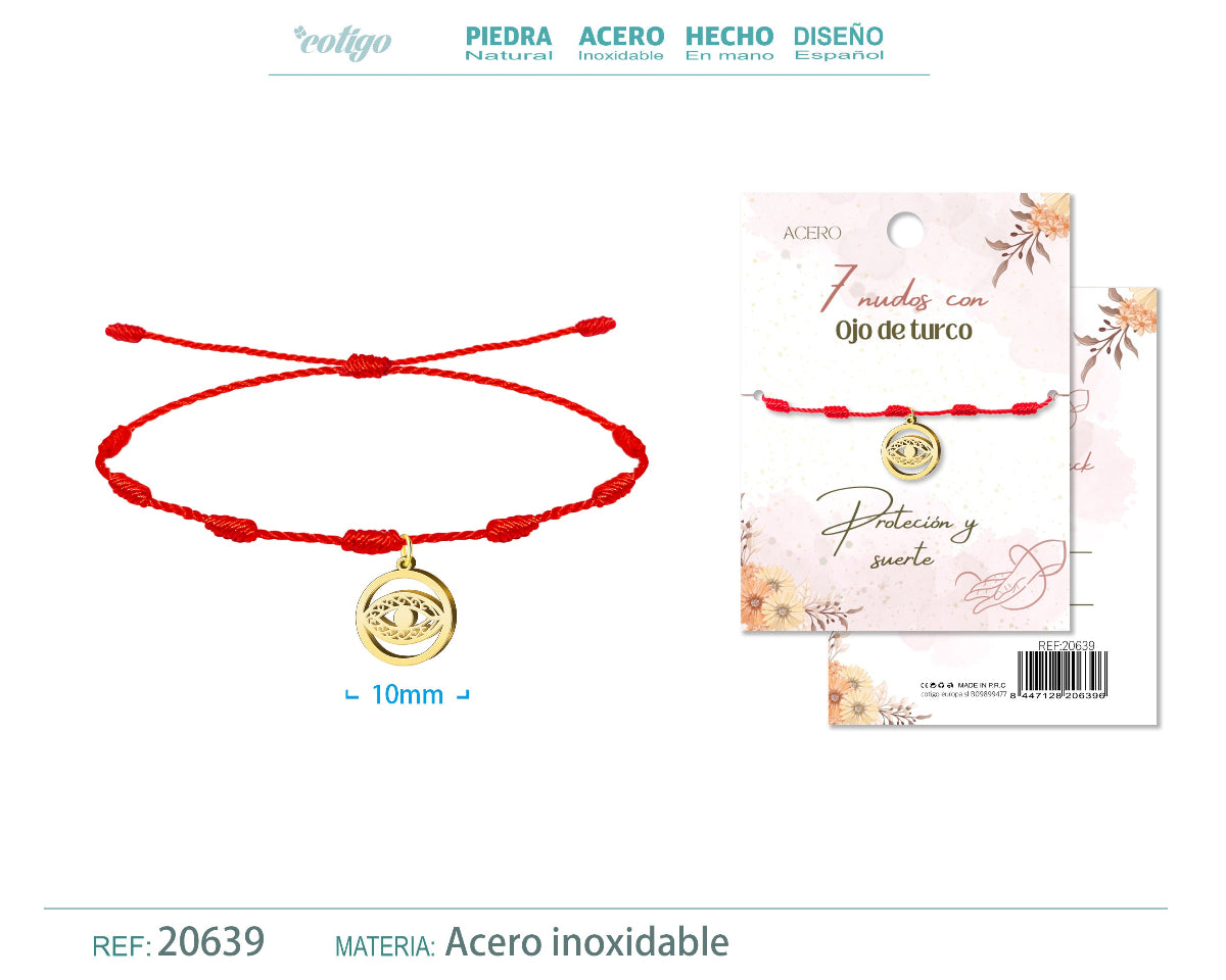 Pulsera roja de 7 nudos con colgante circular de ojo turco calado en acero inoxidable dorado y cordón ajustable.