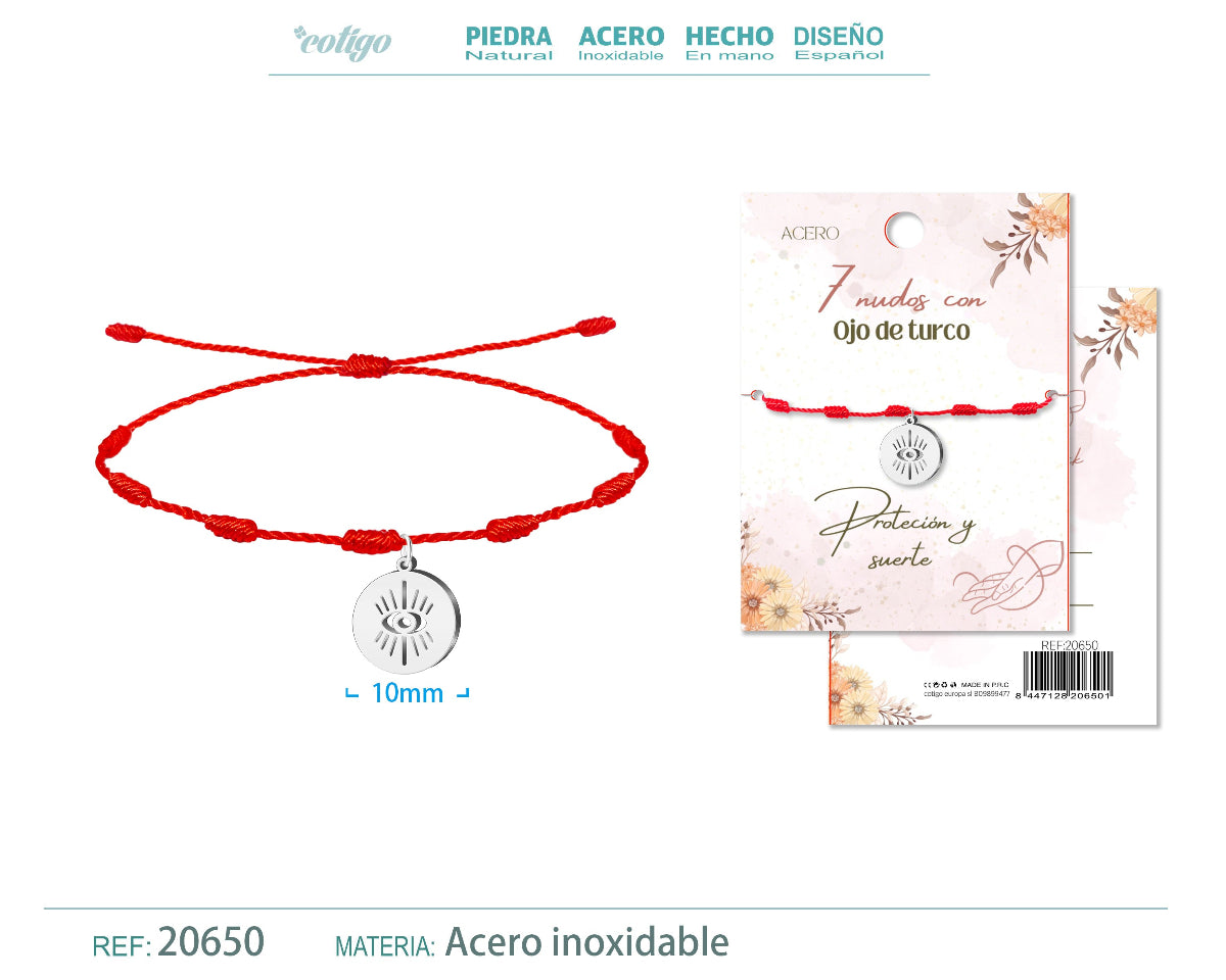 Pulsera roja de 7 nudos con colgante central de ojo turco plateado en acero inoxidable y cordón ajustable.