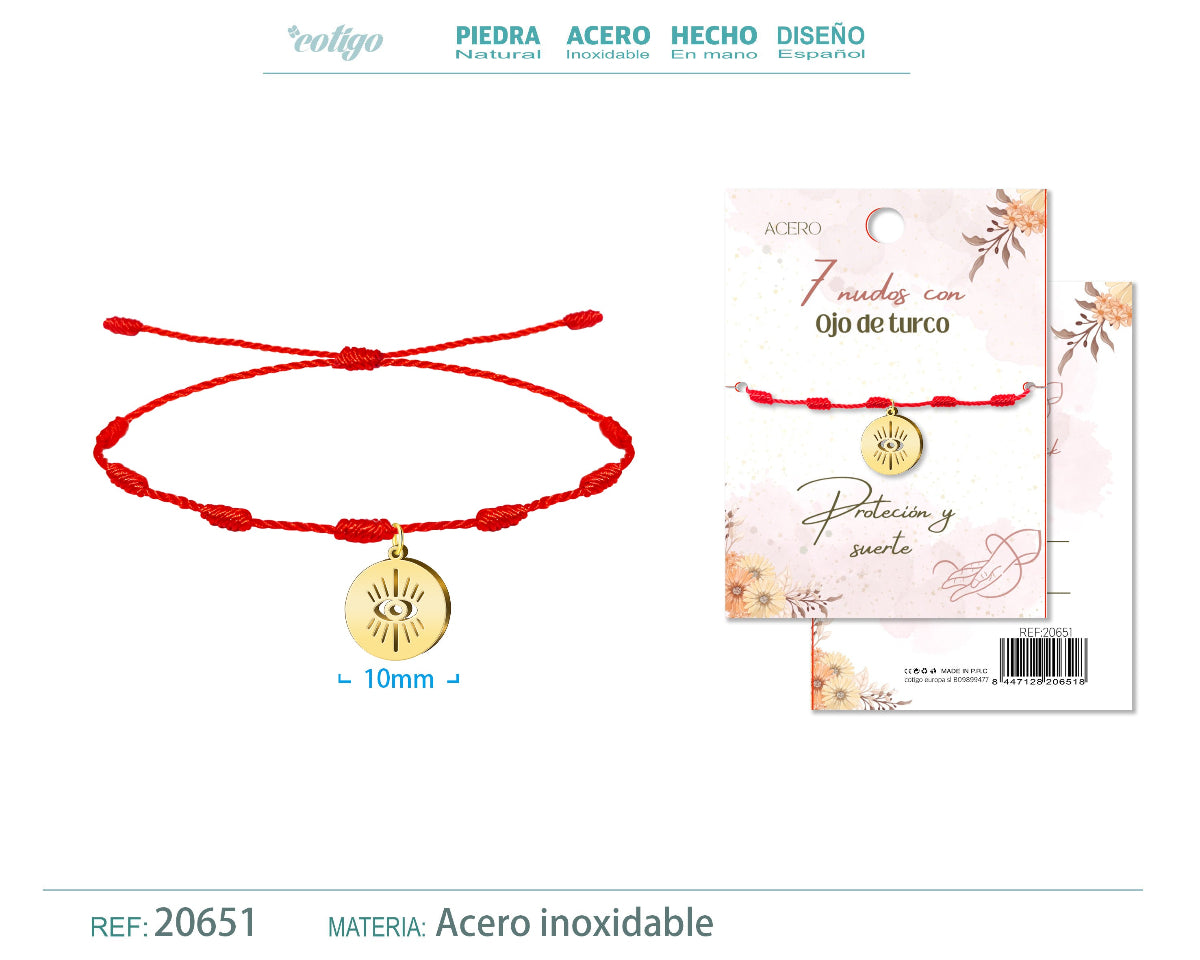 Pulsera roja de 7 nudos con colgante central de ojo turco dorado en acero inoxidable y cordón ajustable.