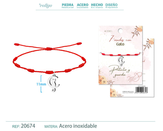 Pulsera 7 nudos con Gato color Plateado