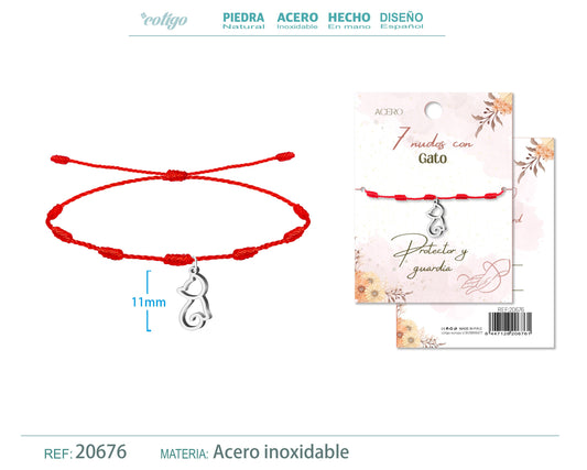 Pulsera 7 nudos con Gato color Plateado