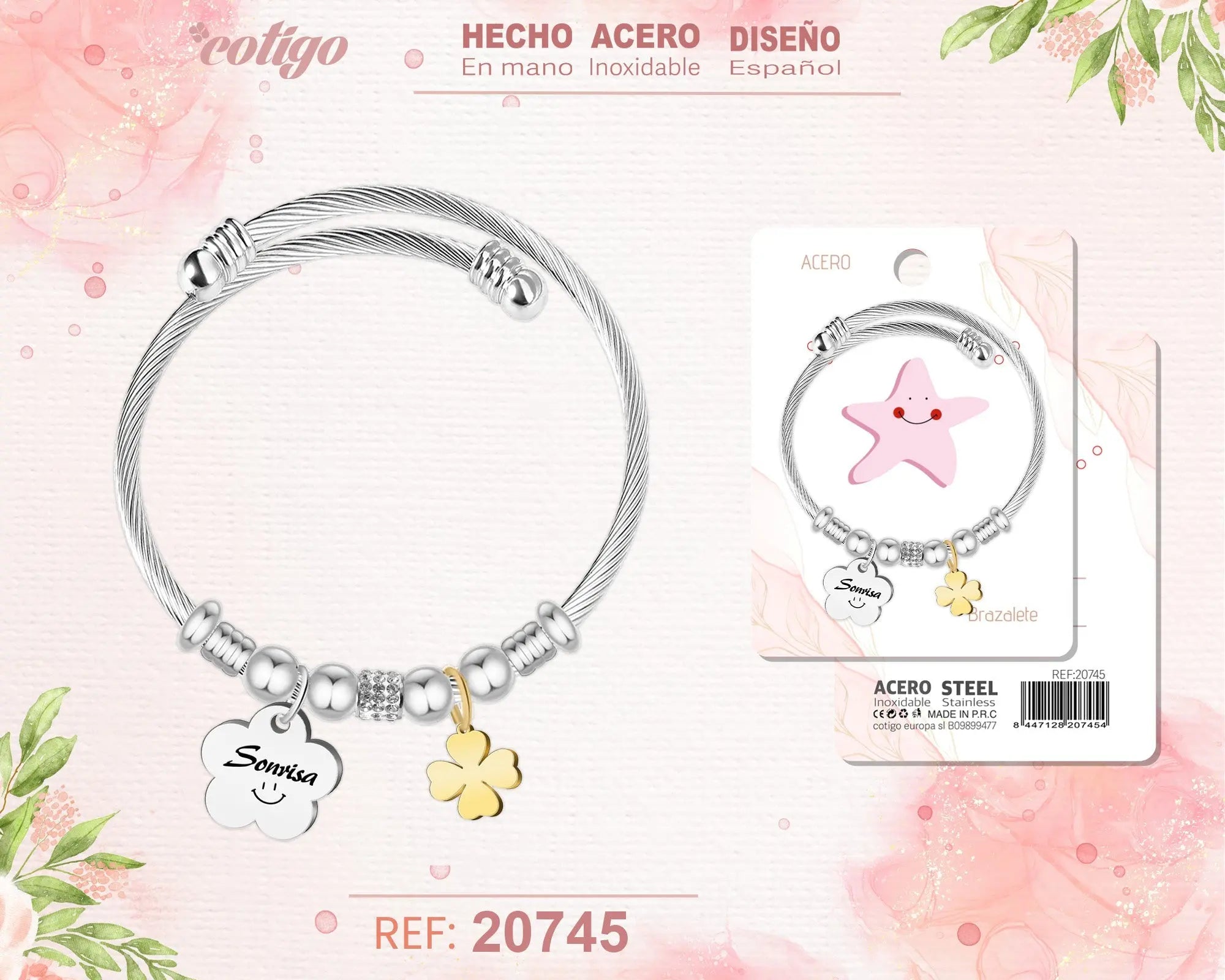 Brazalete Acero con palabra: Sonrisa - cotigo