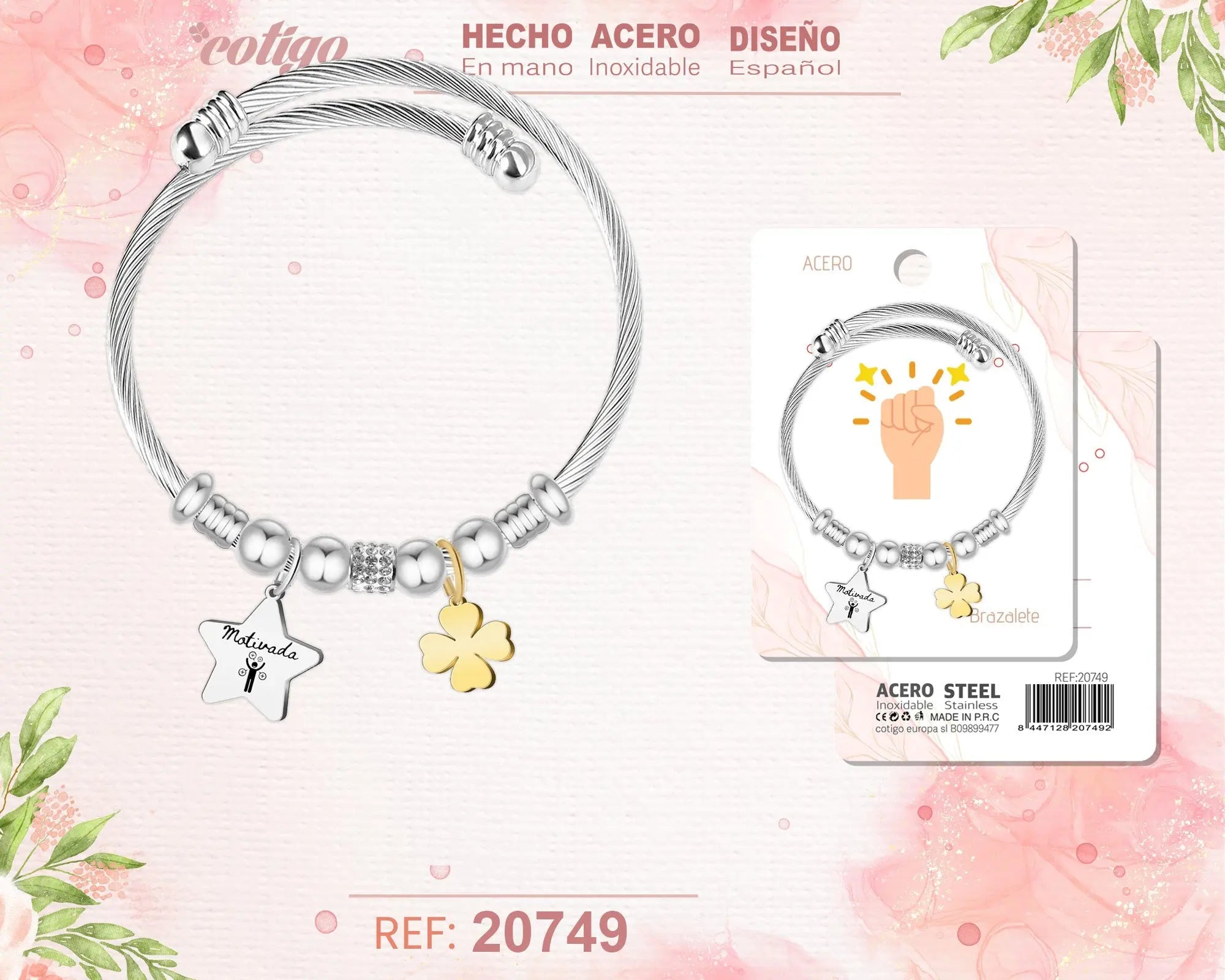 Brazalete Acero con palabra: Motivada - cotigo