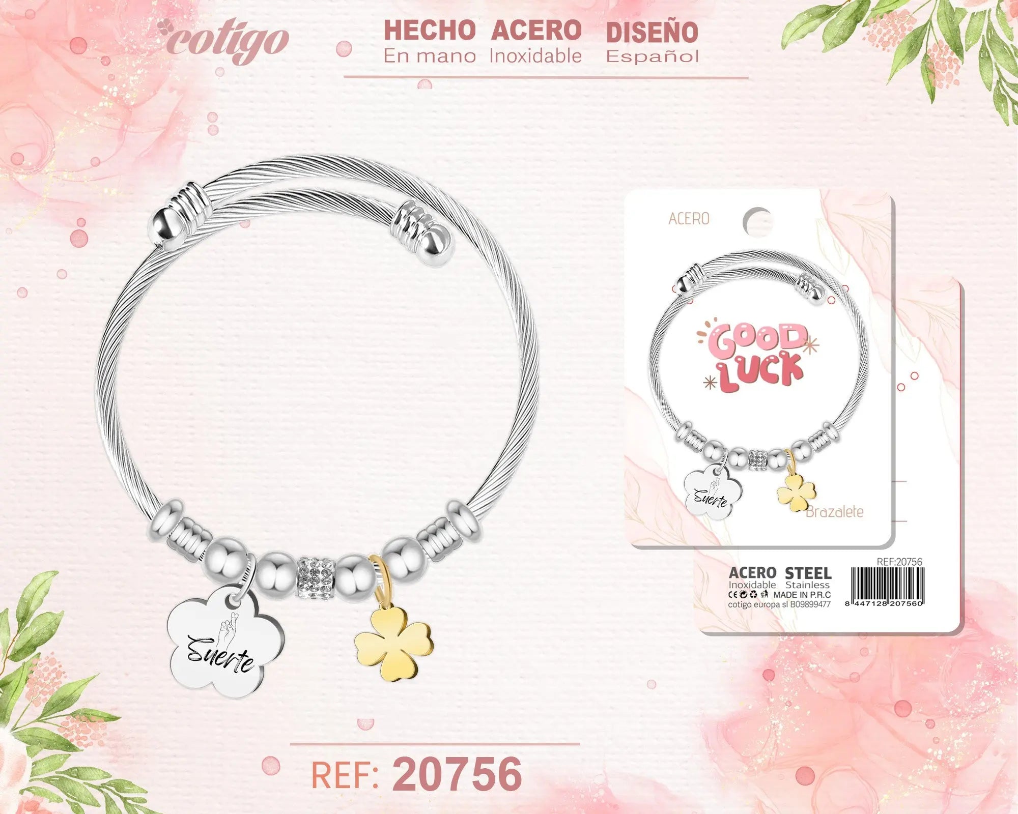 Brazalete Acero con palabra: Suerte - cotigo