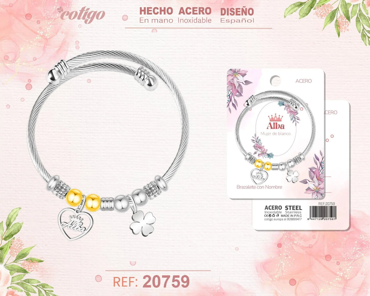 Brazalete rígido de acero inoxidable estilo cable trenzado con el nombre Alba, colgante de corazón, trébol de la suerte y detalles brillantes.