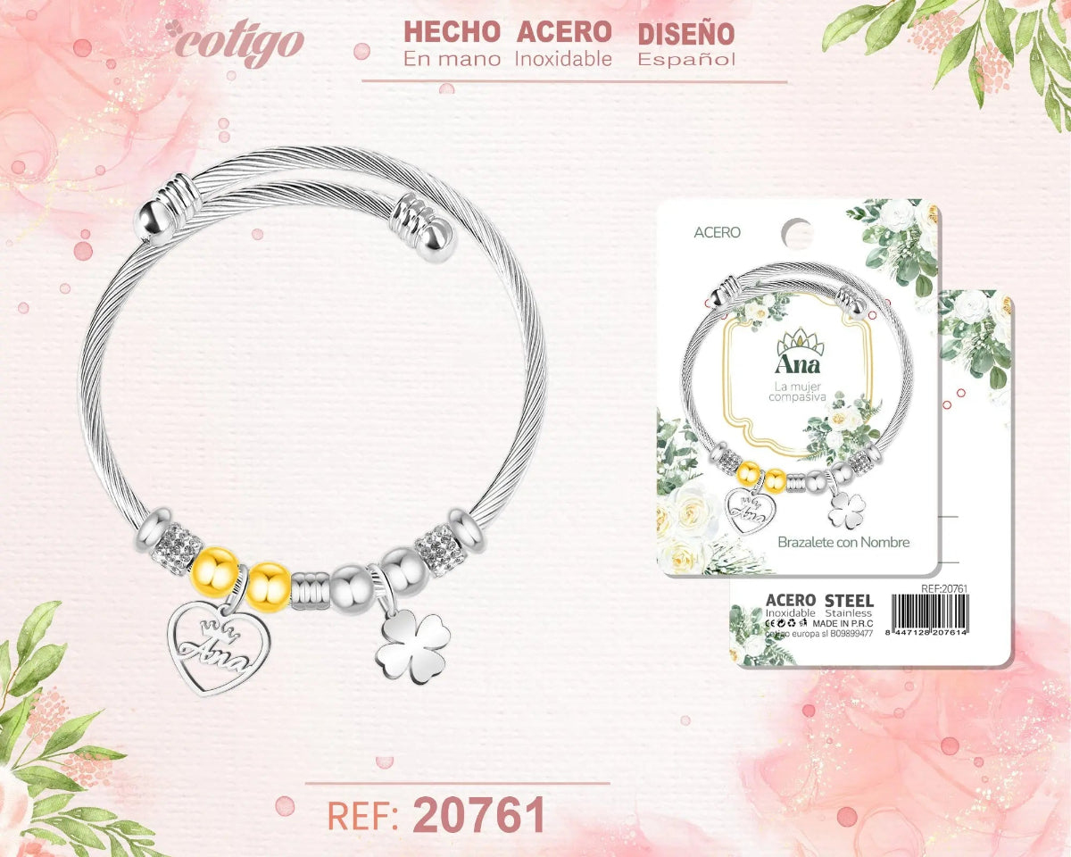 Brazalete rígido de acero inoxidable estilo cable trenzado con el nombre Ana, colgante de corazón, trébol de la suerte y detalles brillantes.